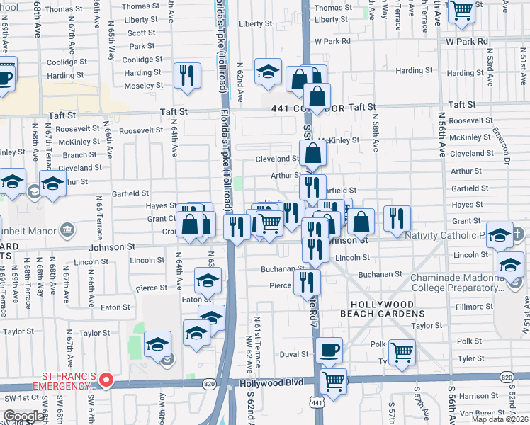 map of restaurants, bars, coffee shops, grocery stores, and more near 6123 Call Street in Hollywood