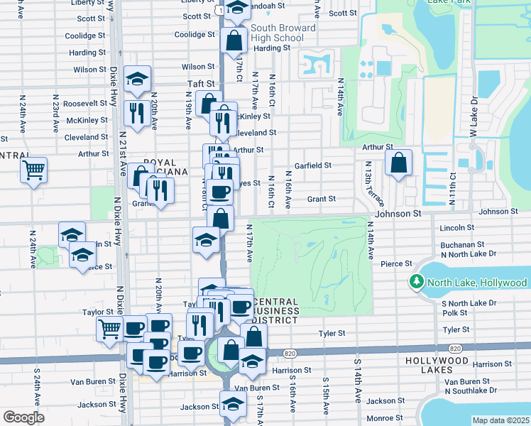map of restaurants, bars, coffee shops, grocery stores, and more near 1631 Johnson Street in Hollywood