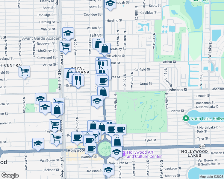 map of restaurants, bars, coffee shops, grocery stores, and more near 1727 Johnson Street in Hollywood