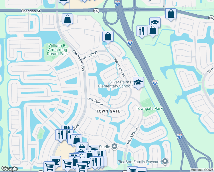 map of restaurants, bars, coffee shops, grocery stores, and more near 1338 Northwest 157th Avenue in Pembroke Pines