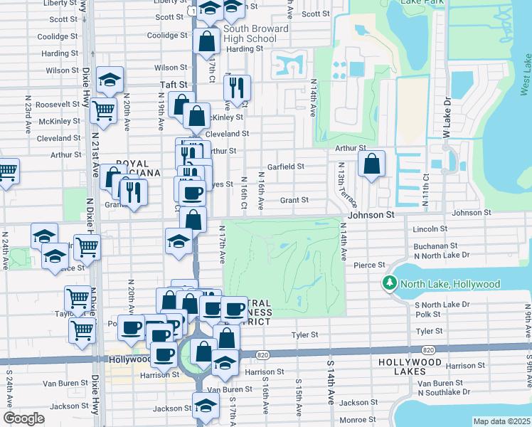 map of restaurants, bars, coffee shops, grocery stores, and more near 1547 Johnson Street in Hollywood