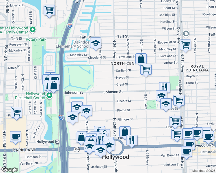 map of restaurants, bars, coffee shops, grocery stores, and more near 2610 Grant Street in Hollywood