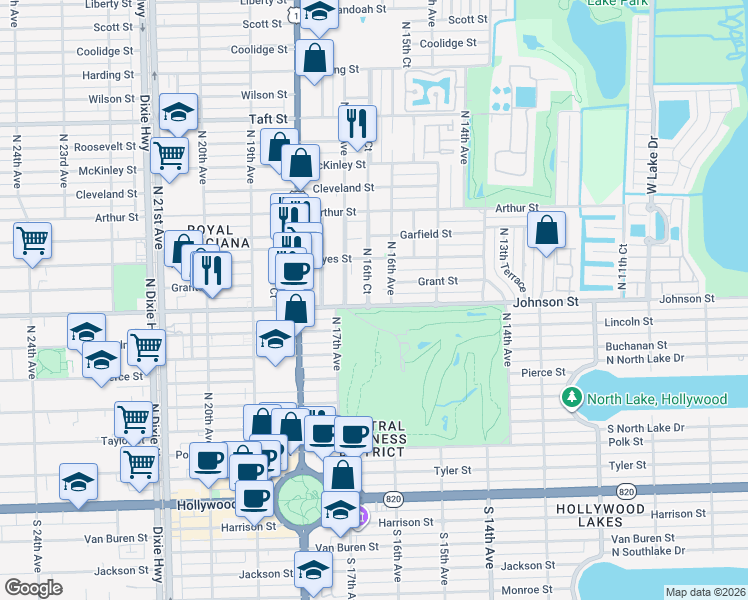map of restaurants, bars, coffee shops, grocery stores, and more near 1631 Johnson Street in Hollywood
