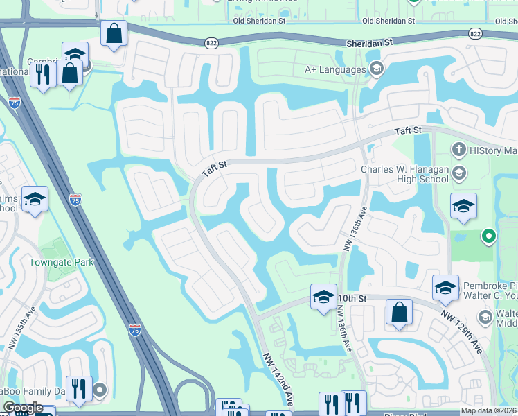 map of restaurants, bars, coffee shops, grocery stores, and more near 1352 Northwest 139th Avenue in Pembroke Pines