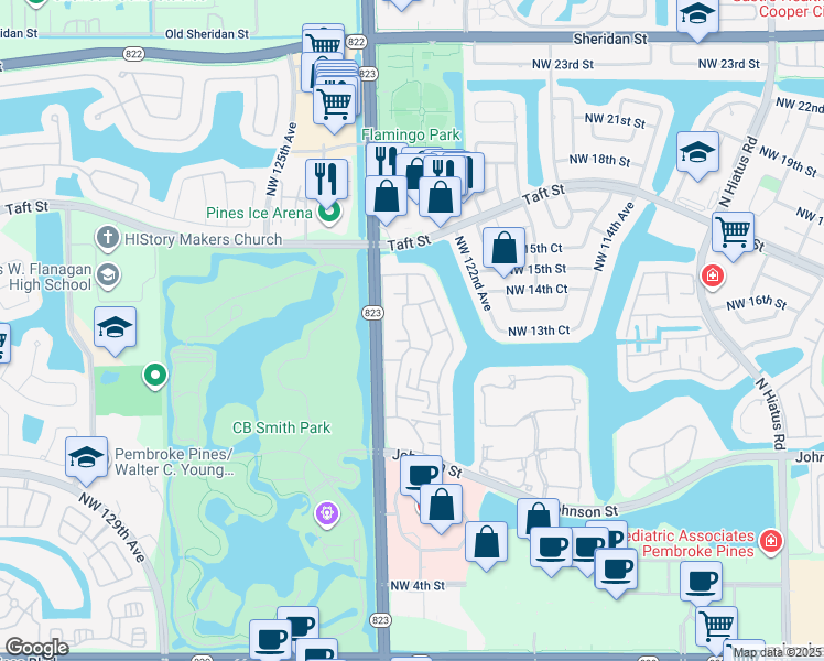 map of restaurants, bars, coffee shops, grocery stores, and more near 12387 Northwest 13th Court in Pembroke Pines