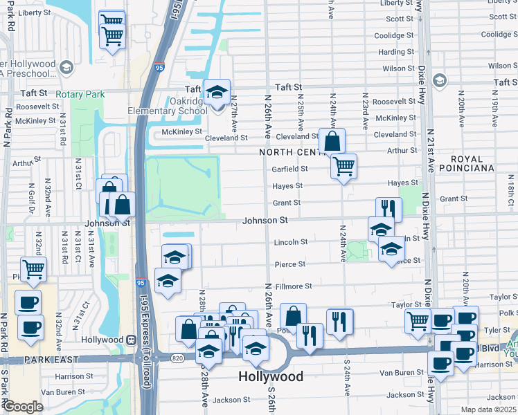 map of restaurants, bars, coffee shops, grocery stores, and more near 2610 Grant Street in Hollywood