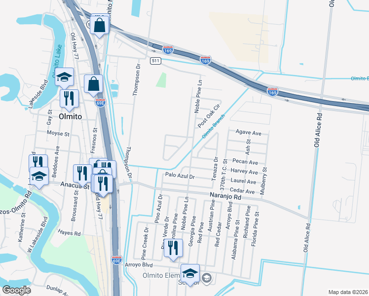 map of restaurants, bars, coffee shops, grocery stores, and more near 7428 Burr Oak Loop in Brownsville