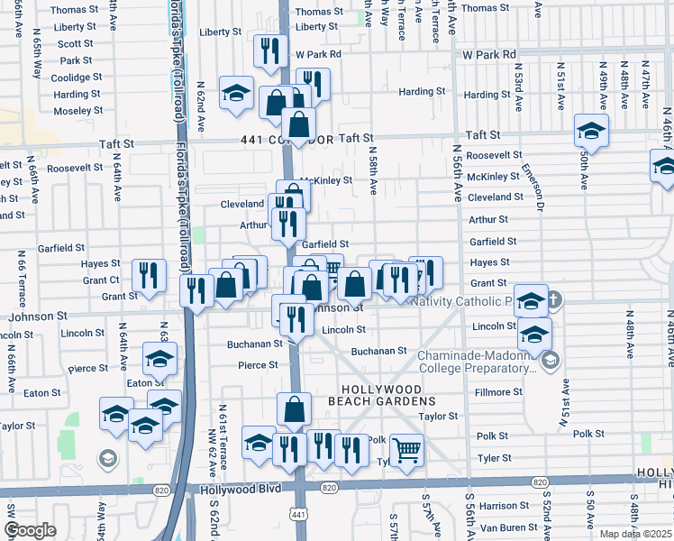 map of restaurants, bars, coffee shops, grocery stores, and more near 5910 Hayes Street in Hollywood