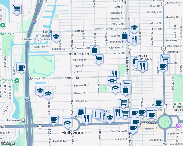 map of restaurants, bars, coffee shops, grocery stores, and more near 2419 Johnson Street in Hollywood