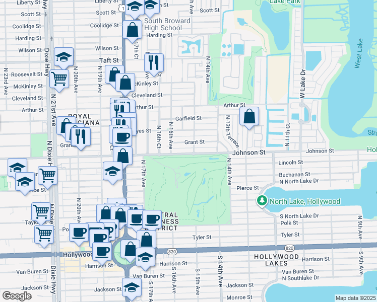 map of restaurants, bars, coffee shops, grocery stores, and more near 1511 Johnson Street in Hollywood