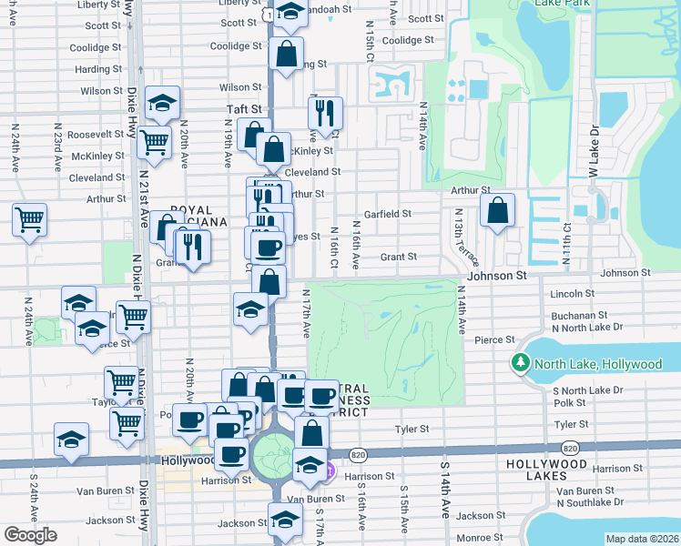 map of restaurants, bars, coffee shops, grocery stores, and more near 1631 Johnson Street in Hollywood