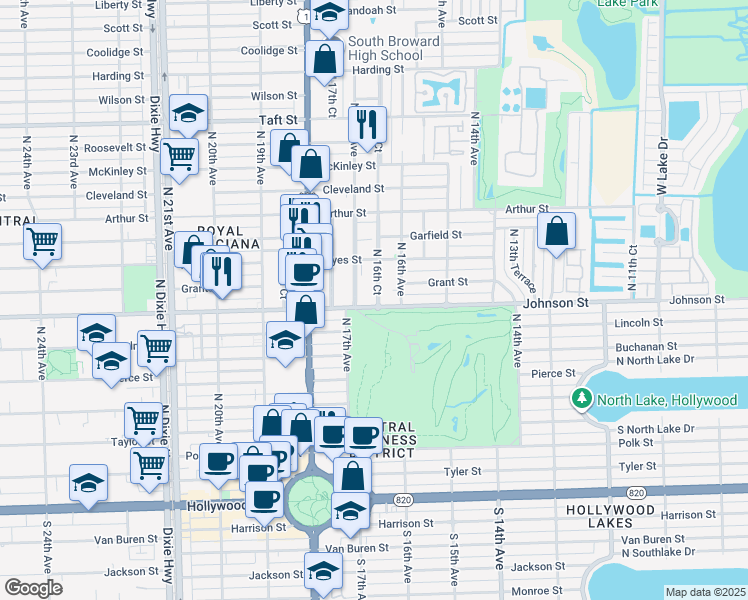 map of restaurants, bars, coffee shops, grocery stores, and more near 1631 Johnson Street in Hollywood