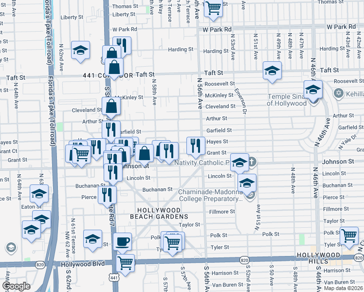map of restaurants, bars, coffee shops, grocery stores, and more near 5701 Grant Street in Hollywood