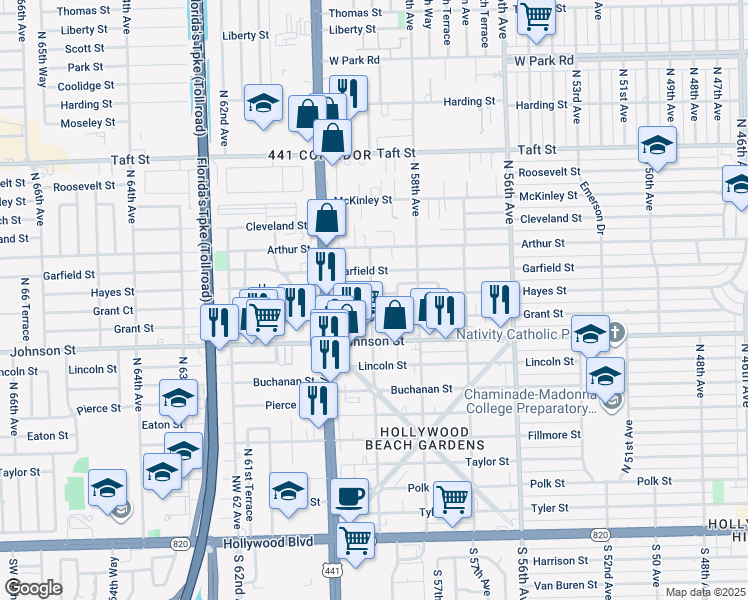 map of restaurants, bars, coffee shops, grocery stores, and more near 5910 Hayes Street in Hollywood