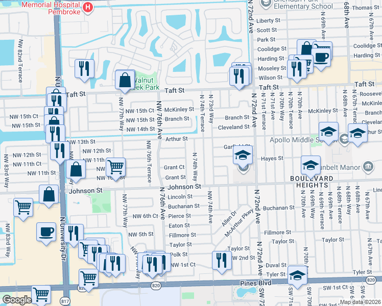 map of restaurants, bars, coffee shops, grocery stores, and more near 1121 North 75th Avenue in Hollywood