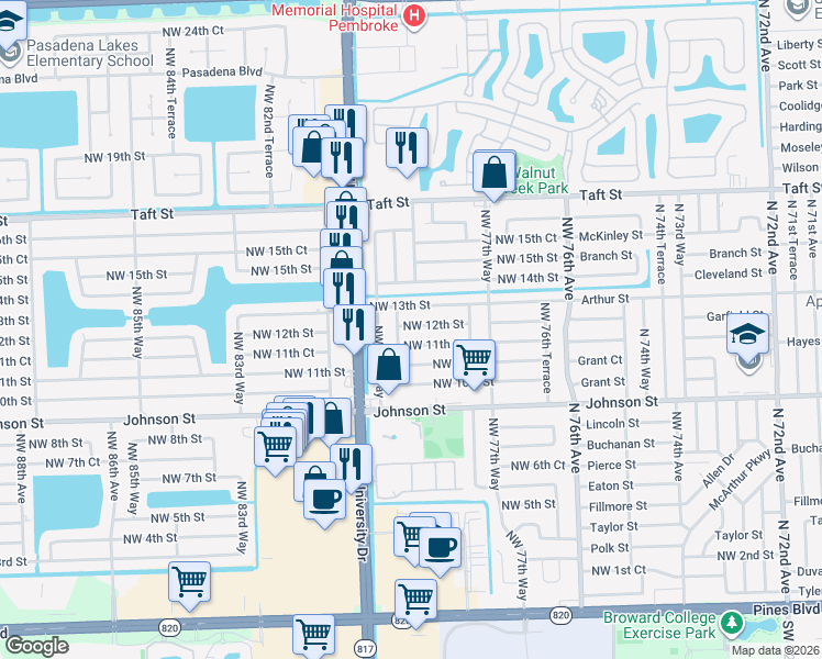 map of restaurants, bars, coffee shops, grocery stores, and more near 1150 Northwest 79th Terrace in Pembroke Pines