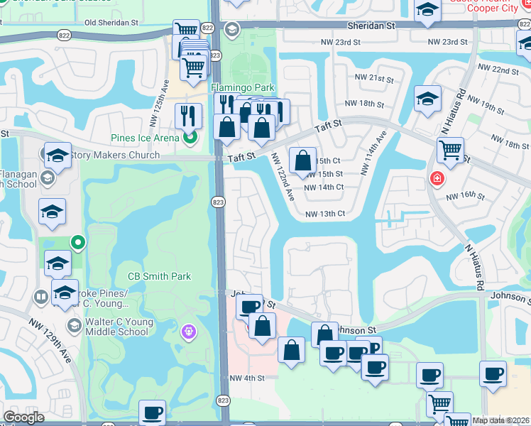 map of restaurants, bars, coffee shops, grocery stores, and more near 12286 Northwest 13th Court in Pembroke Pines