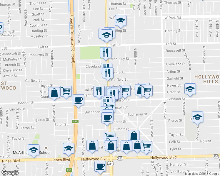 map of restaurants, bars, coffee shops, grocery stores, and more near 1015 Florida 7 in Hollywood