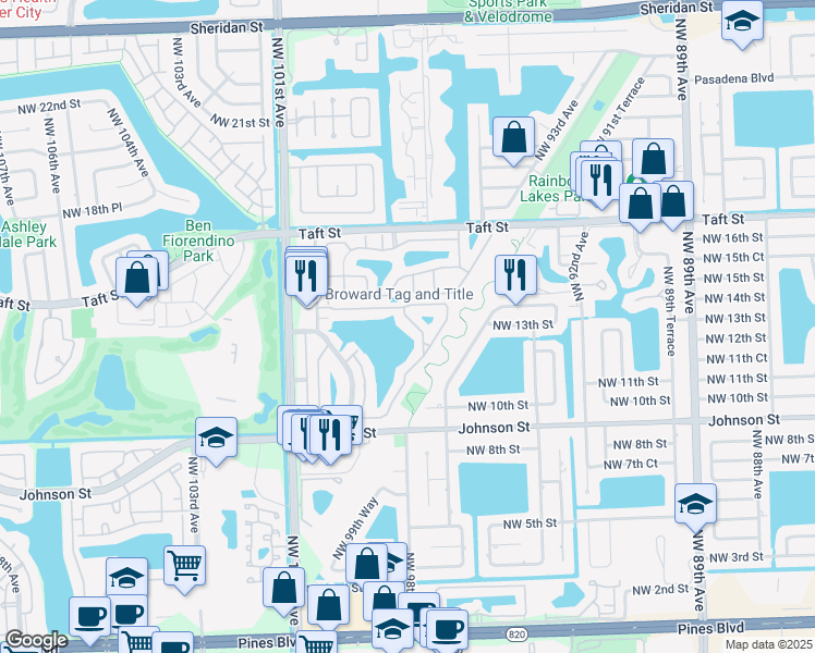 map of restaurants, bars, coffee shops, grocery stores, and more near 283 Northwest 97th Terrace in Pembroke Pines