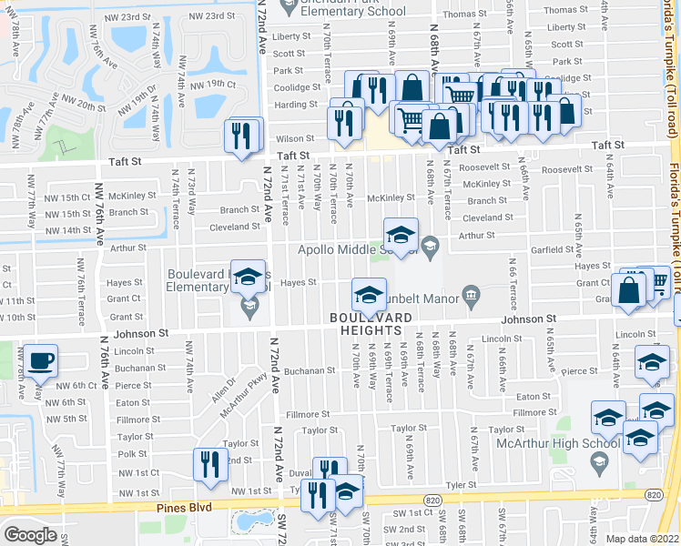 map of restaurants, bars, coffee shops, grocery stores, and more near 1111 North 70th Terrace in Hollywood