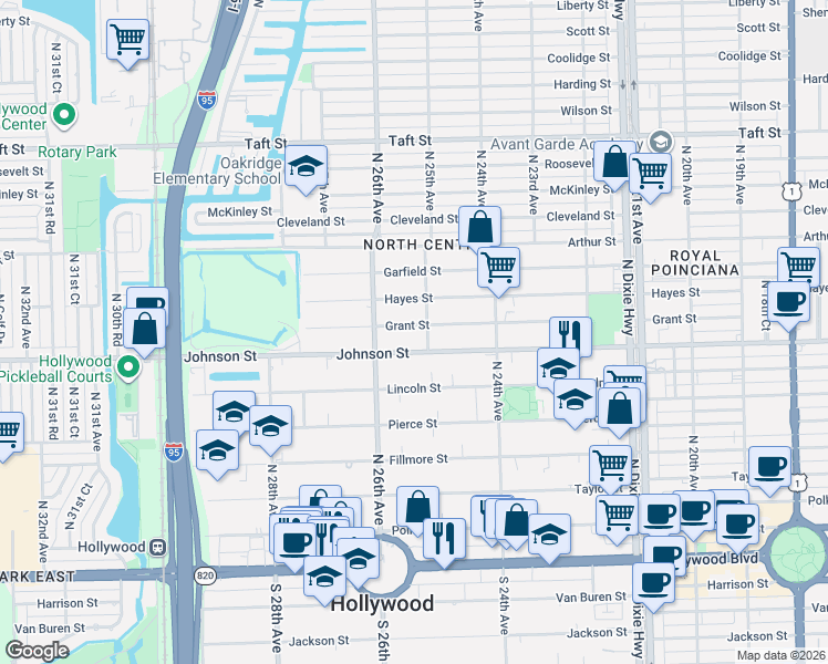 map of restaurants, bars, coffee shops, grocery stores, and more near 2529 Johnson Street in Hollywood