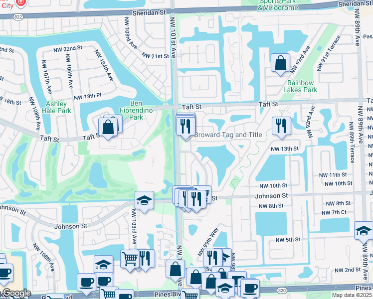 map of restaurants, bars, coffee shops, grocery stores, and more near 1311 North Palm Avenue in Pembroke Pines