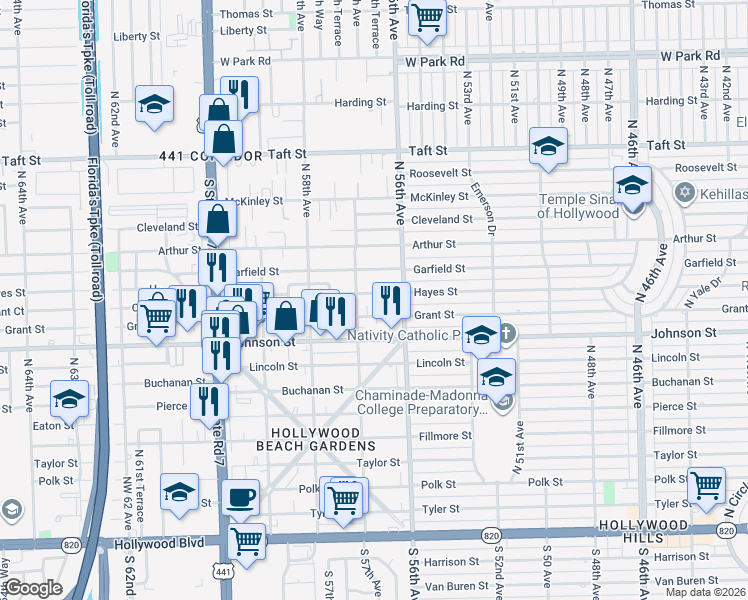 map of restaurants, bars, coffee shops, grocery stores, and more near 5601 Grant Street in Hollywood