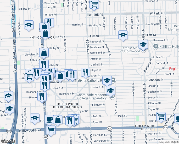 map of restaurants, bars, coffee shops, grocery stores, and more near 5507 Grant Street in Hollywood