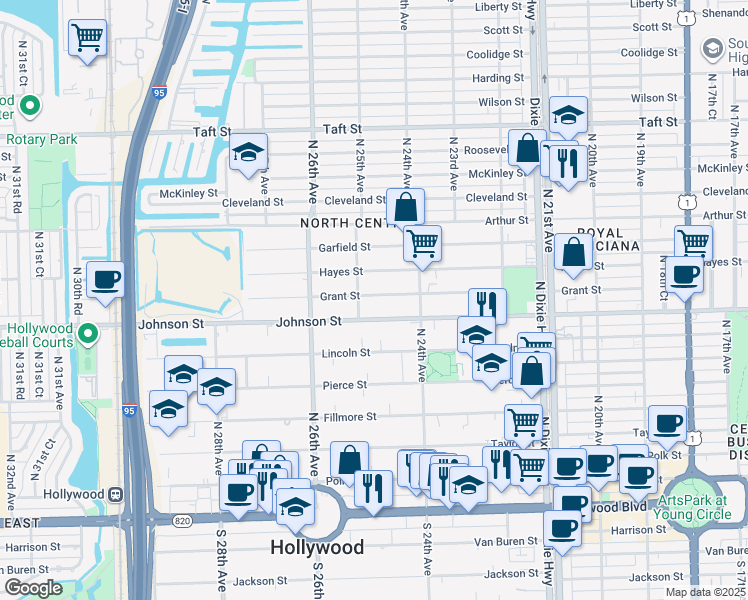 map of restaurants, bars, coffee shops, grocery stores, and more near 911 North 25th Avenue in Hollywood