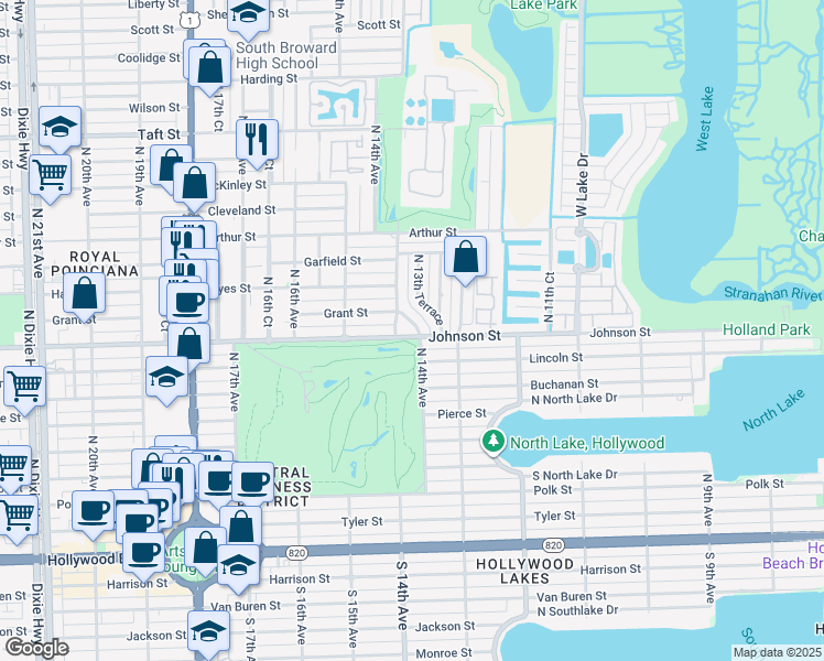 map of restaurants, bars, coffee shops, grocery stores, and more near 1341 Johnson Street in Hollywood