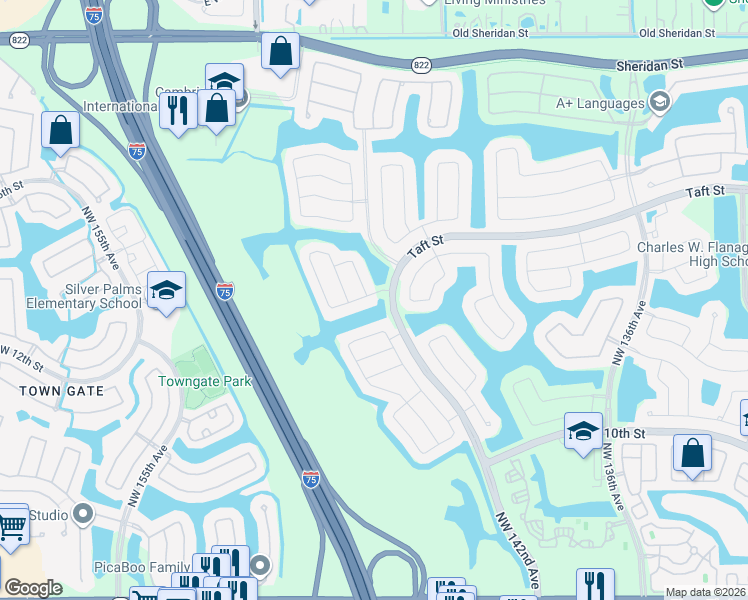 map of restaurants, bars, coffee shops, grocery stores, and more near 14310 Northwest 16th Street in Pembroke Pines