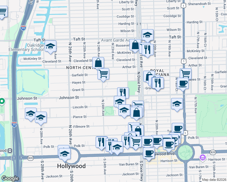 map of restaurants, bars, coffee shops, grocery stores, and more near 2237 Johnson Street in Hollywood
