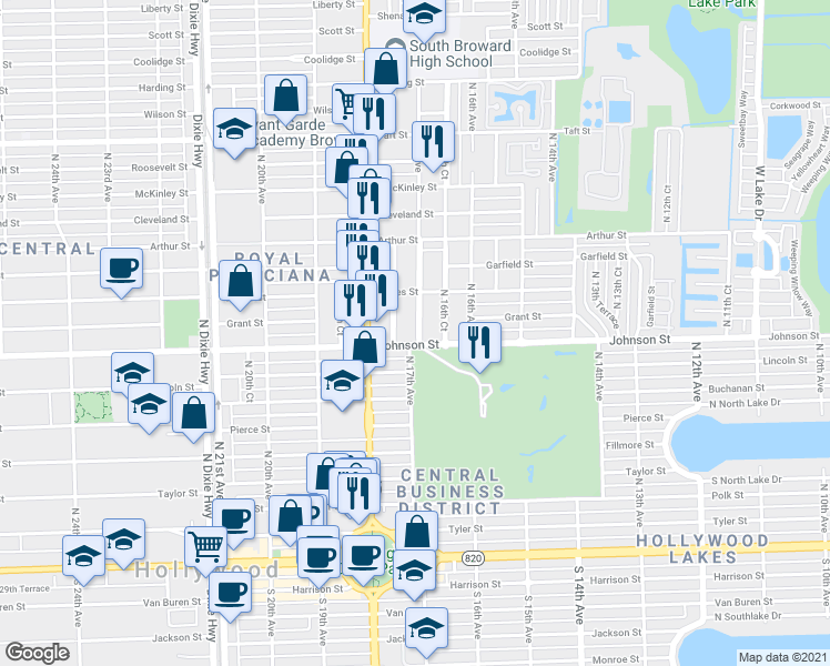 map of restaurants, bars, coffee shops, grocery stores, and more near 1727 Johnson Street in Hollywood