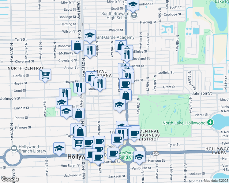 map of restaurants, bars, coffee shops, grocery stores, and more near 1855 Johnson Street in Hollywood