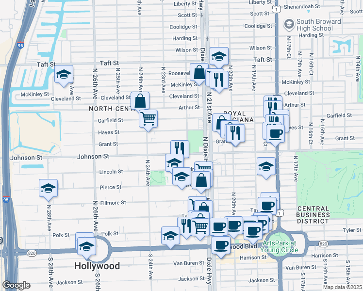 map of restaurants, bars, coffee shops, grocery stores, and more near in Hollywood