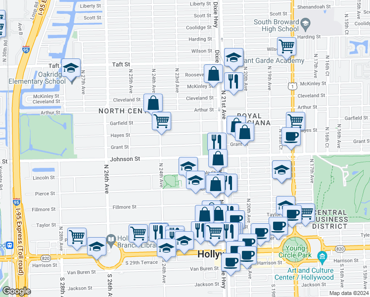 map of restaurants, bars, coffee shops, grocery stores, and more near 2237 Johnson Street in Hollywood