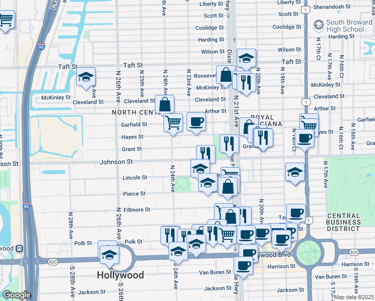 map of restaurants, bars, coffee shops, grocery stores, and more near 2319 Johnson Street in Hollywood