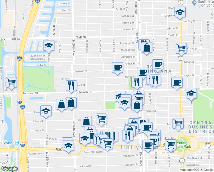 map of restaurants, bars, coffee shops, grocery stores, and more near 2319 Johnson Street in Hollywood