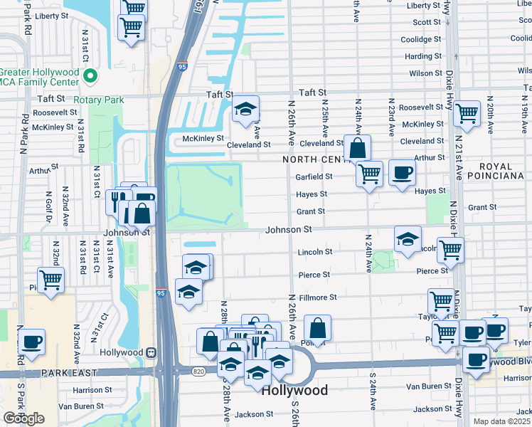 map of restaurants, bars, coffee shops, grocery stores, and more near 2702 Grant Street in Hollywood