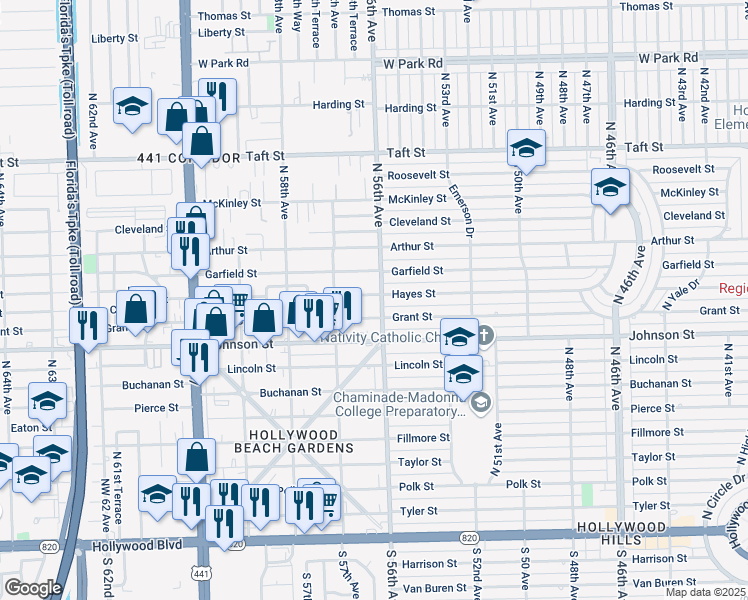 map of restaurants, bars, coffee shops, grocery stores, and more near 5601 Grant Street in Hollywood