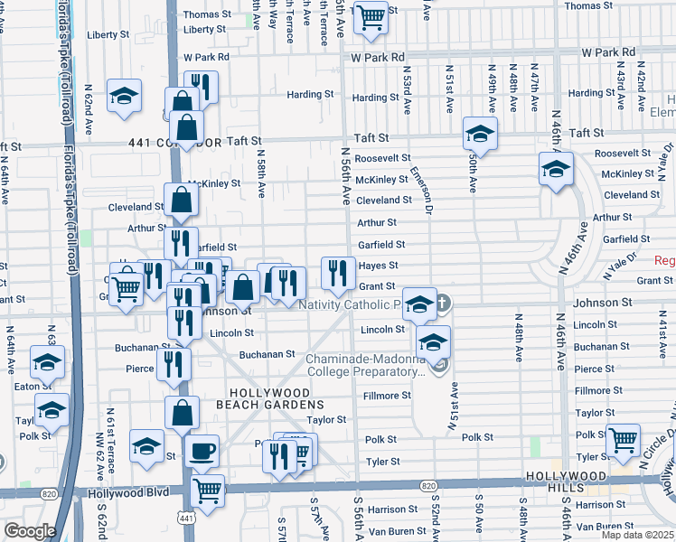 map of restaurants, bars, coffee shops, grocery stores, and more near 5601 Grant Street in Hollywood