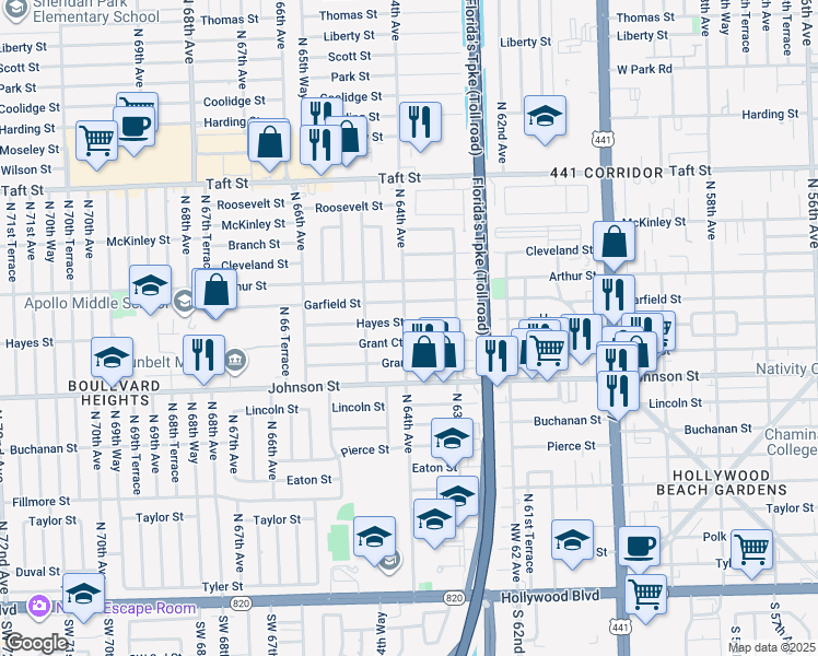 map of restaurants, bars, coffee shops, grocery stores, and more near 6329 Grant Court in Hollywood