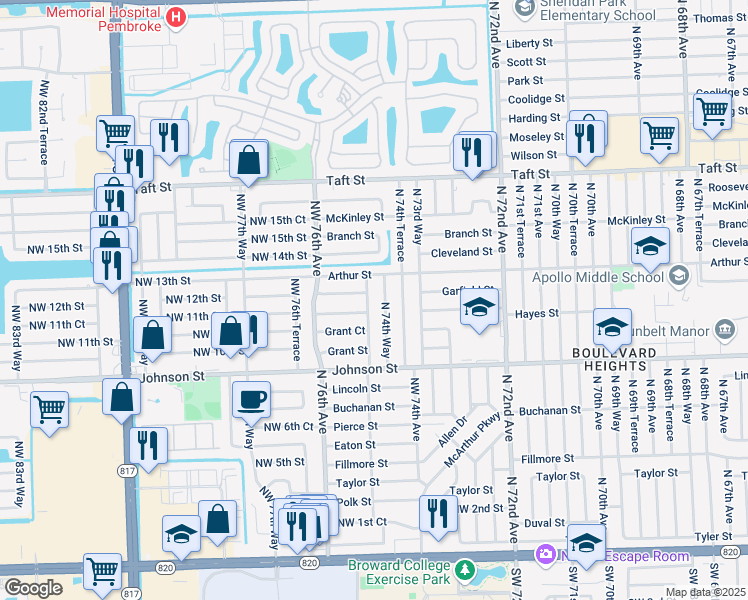 map of restaurants, bars, coffee shops, grocery stores, and more near 1121 North 75th Avenue in Hollywood