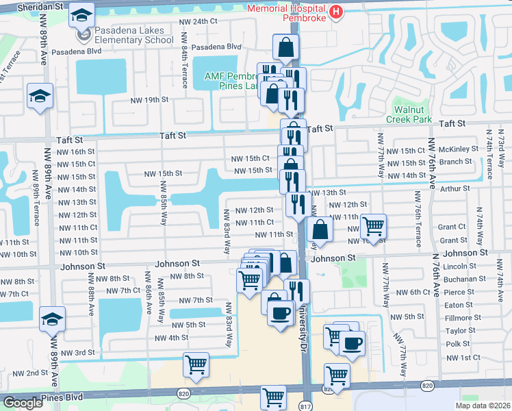 map of restaurants, bars, coffee shops, grocery stores, and more near 8220 Northwest 12th Street in Pembroke Pines