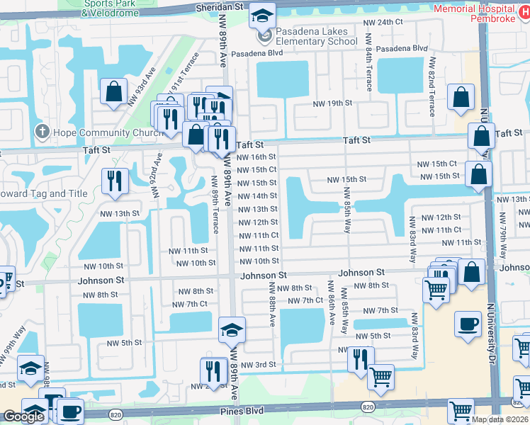 map of restaurants, bars, coffee shops, grocery stores, and more near 8791 Northwest 12th Street in Pembroke Pines