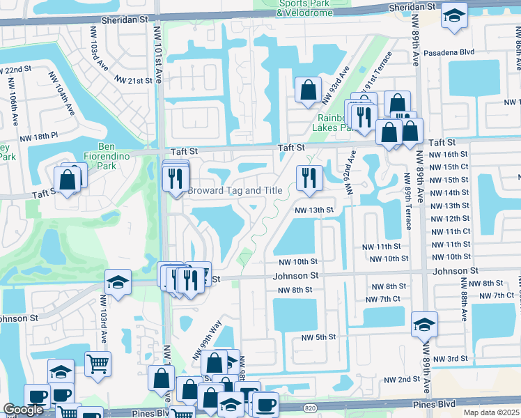 map of restaurants, bars, coffee shops, grocery stores, and more near 1406 Northwest 97th Avenue in Pembroke Pines