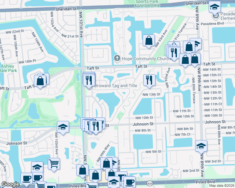map of restaurants, bars, coffee shops, grocery stores, and more near 283 Northwest 97th Terrace in Pembroke Pines