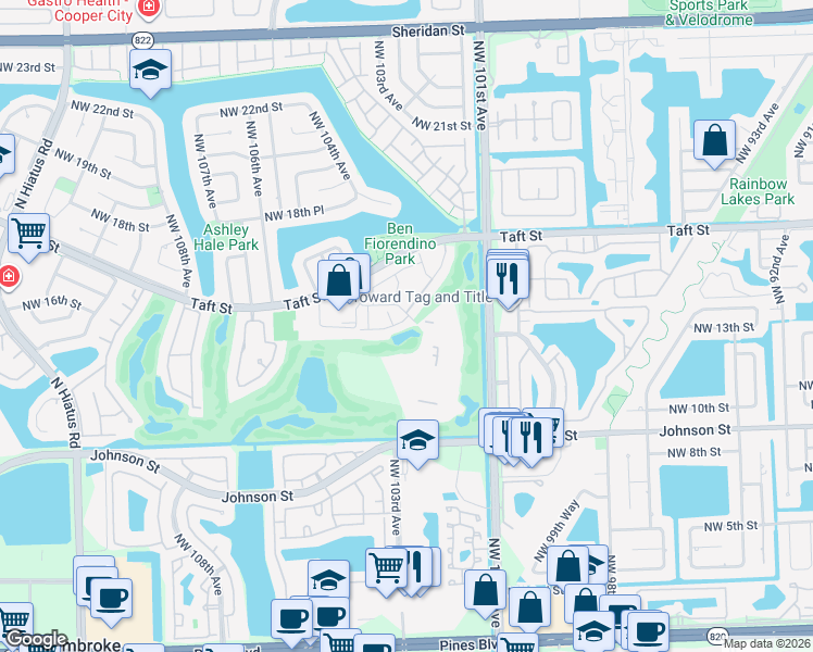map of restaurants, bars, coffee shops, grocery stores, and more near 10308 Fairway Road in Pembroke Pines
