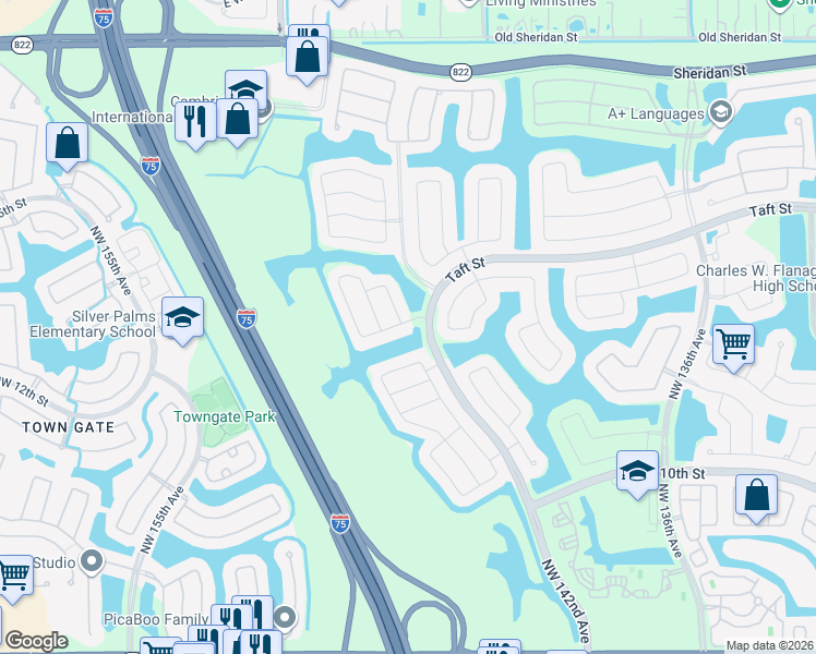 map of restaurants, bars, coffee shops, grocery stores, and more near 14310 Northwest 16th Street in Pembroke Pines
