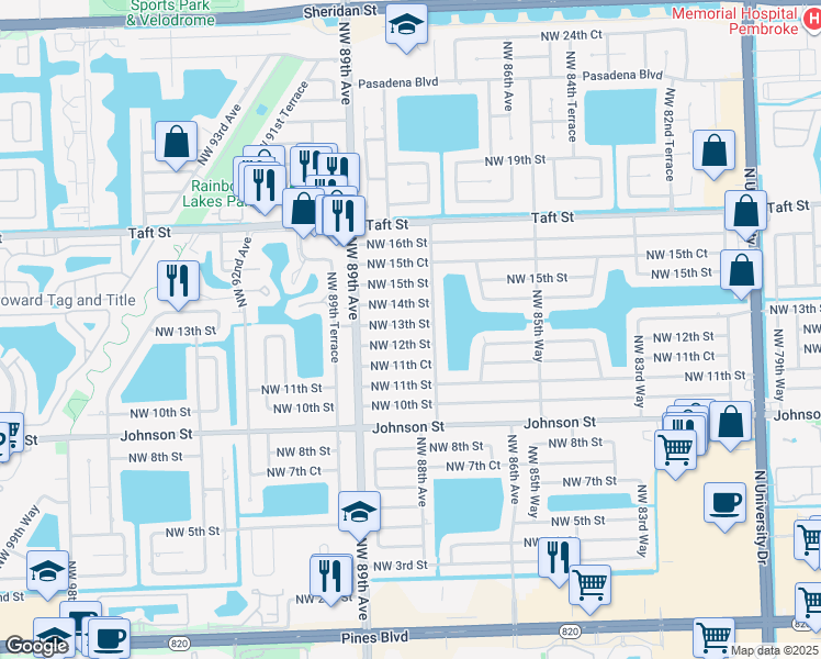 map of restaurants, bars, coffee shops, grocery stores, and more near 8791 Northwest 12th Street in Pembroke Pines